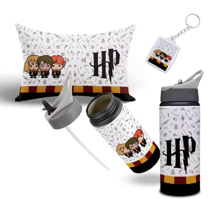 Kit Potter: Garrafa, Almofada e Chaveiro